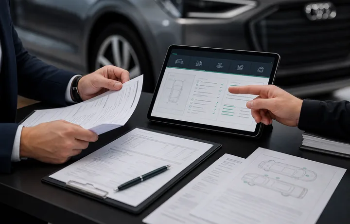 Fahrzeugdokumente und digitale Unterlagen zur Historienprüfung