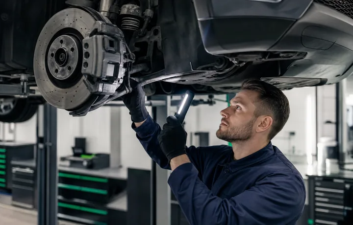 Mechaniker prüft Bremsen Fahrwerk und Sicherheitskomponenten