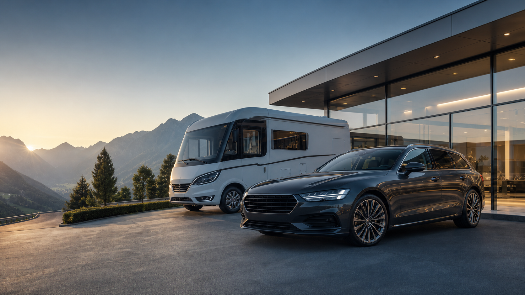 Moderne garantie-illustratie met auto camper en beschermingsschild